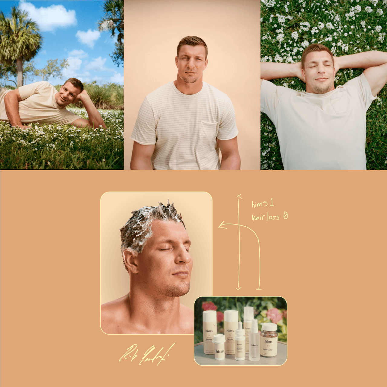 A three-photo collage of Rob Gronkowski outdoors in a plain white tee above a behind-the-scenes still of him applying hair treatment beside a campaign sketch and product lineup
