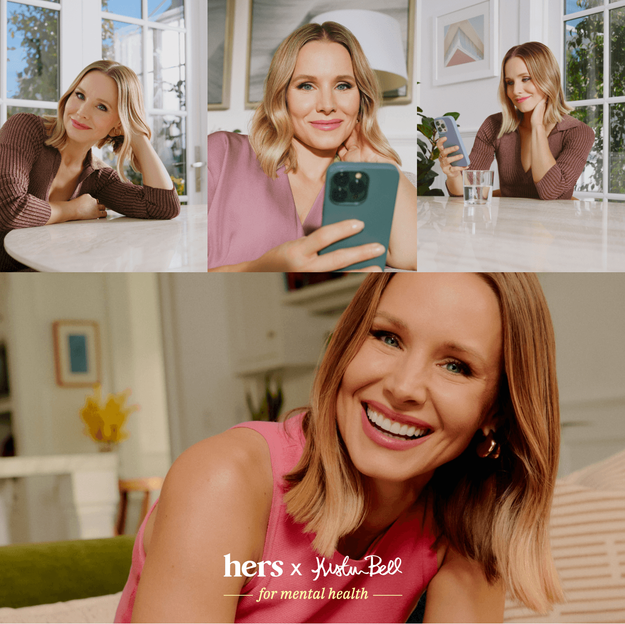 A three-photo collage of Kristen Bell in warm indoor lighting above a video still captioned 'hers x Kristen Bell for mental health'