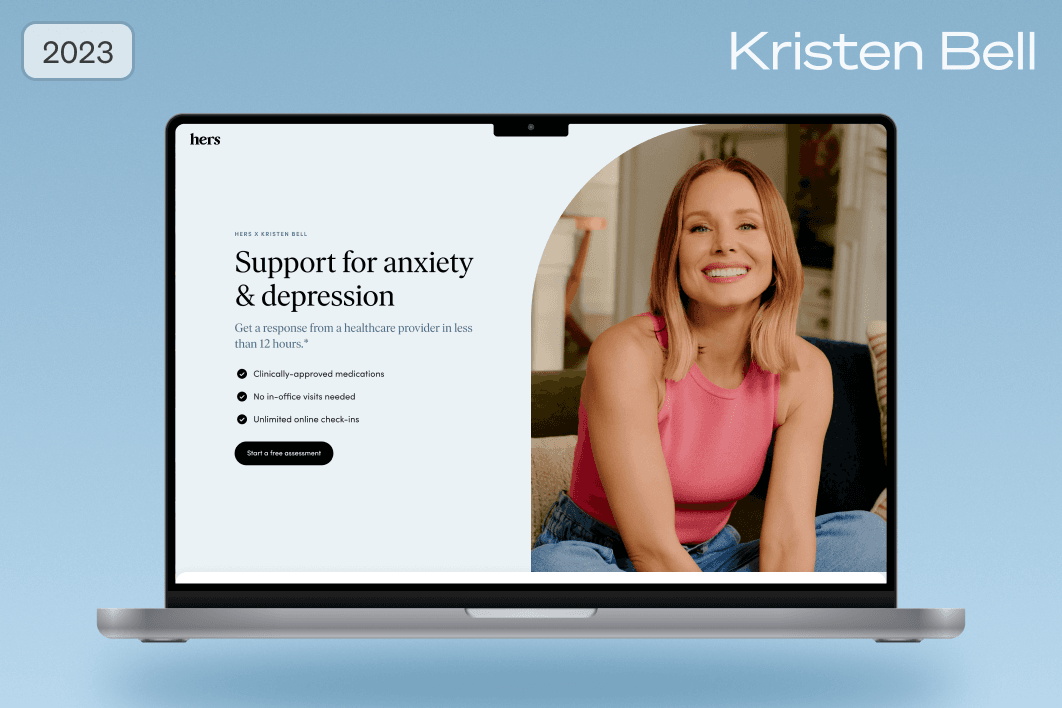 Laptop mockup of the Hers x Kristen Bell landing page, 'Support for anxiety & depression,' with Kristen Bell smiling, labeled Kristen Bell, 2023