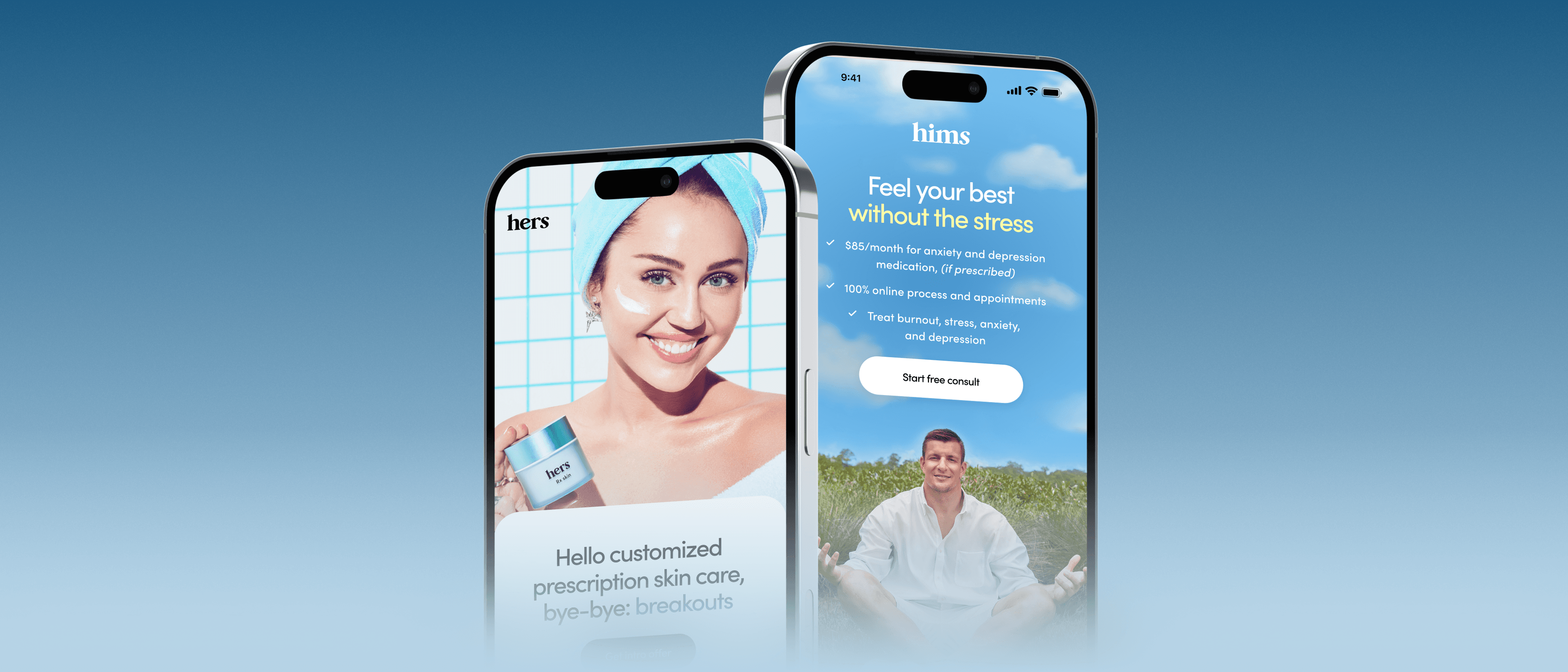 Phone mockups of the Hers landing page for Miley Cyrus's skin-care line and the Hims mental health landing page featuring Rob Gronkowski