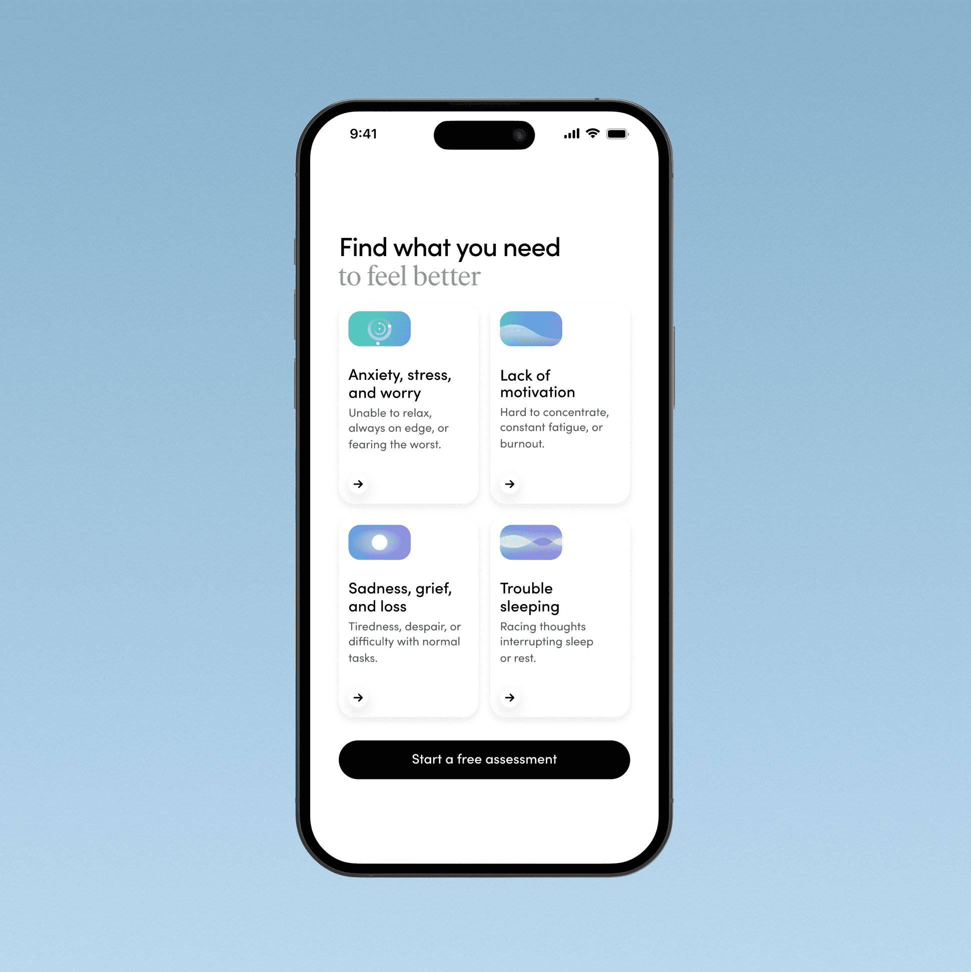 iPhone mockup of a mental health quiz screen, 'Find what you need to feel better,' with category cards for anxiety, motivation, grief, and sleep