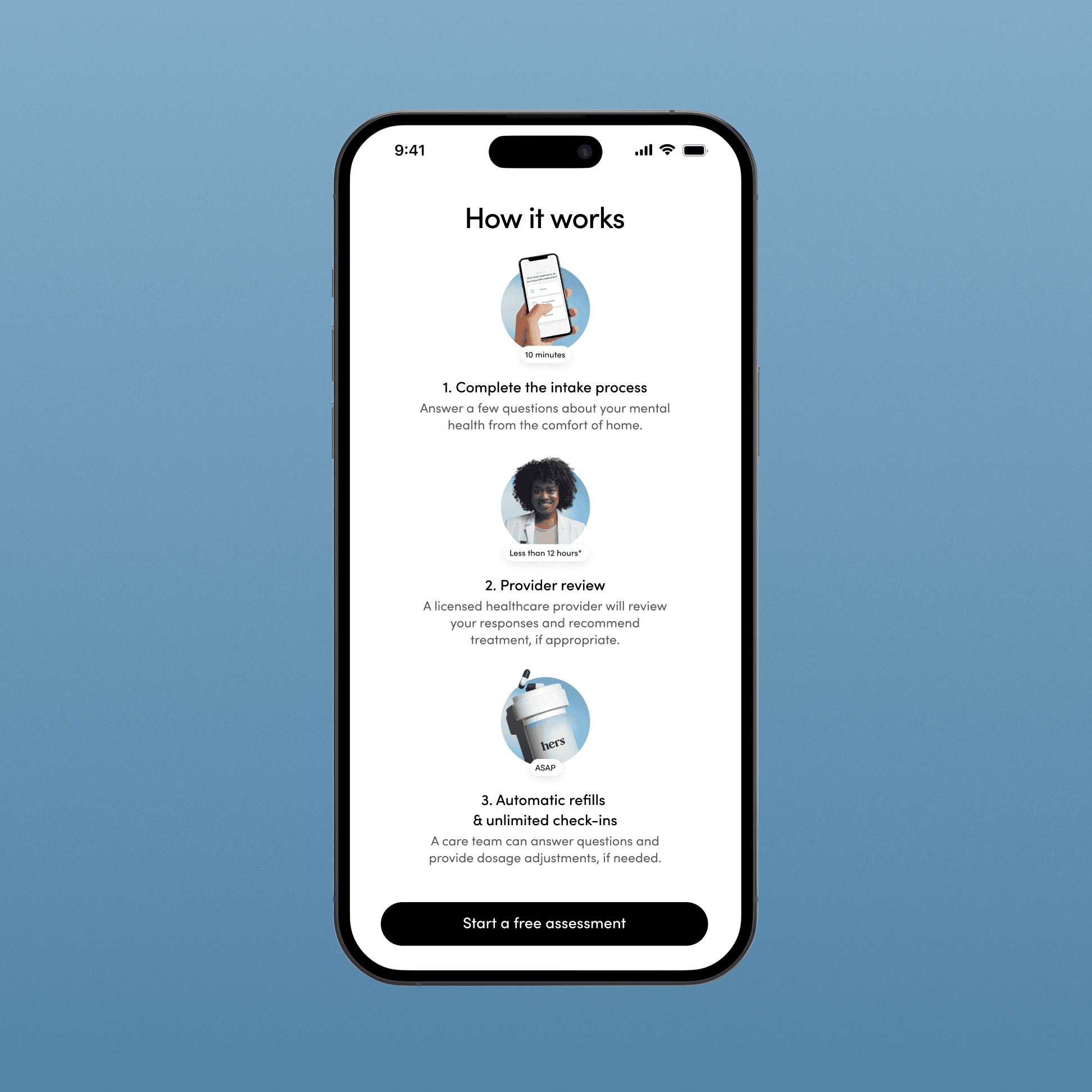 iPhone mockup of a 'How it works' screen outlining three steps: complete the intake process, provider review, and automatic refills