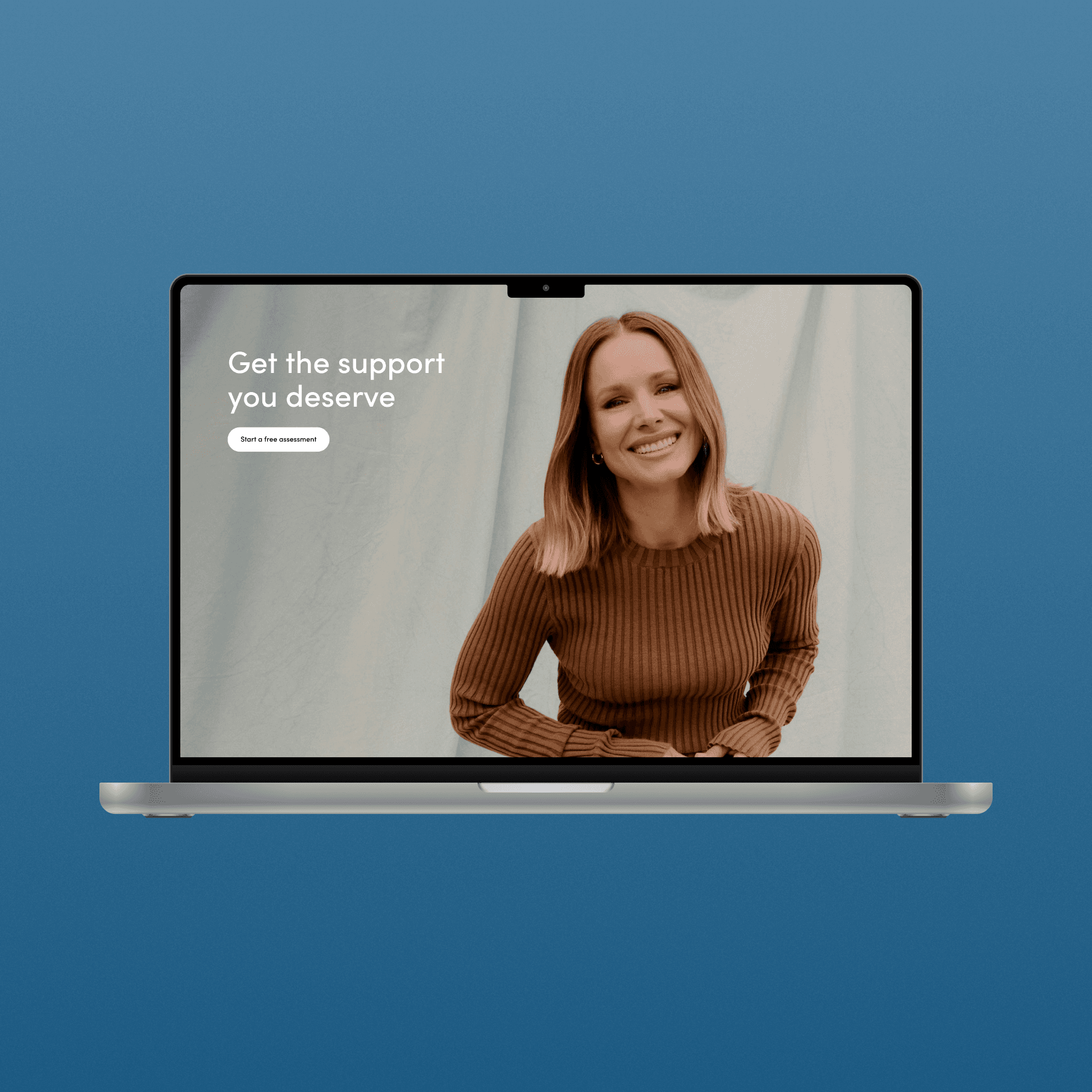 Laptop mockup of a Hers landing page, 'Get the support you deserve,' featuring Kristen Bell