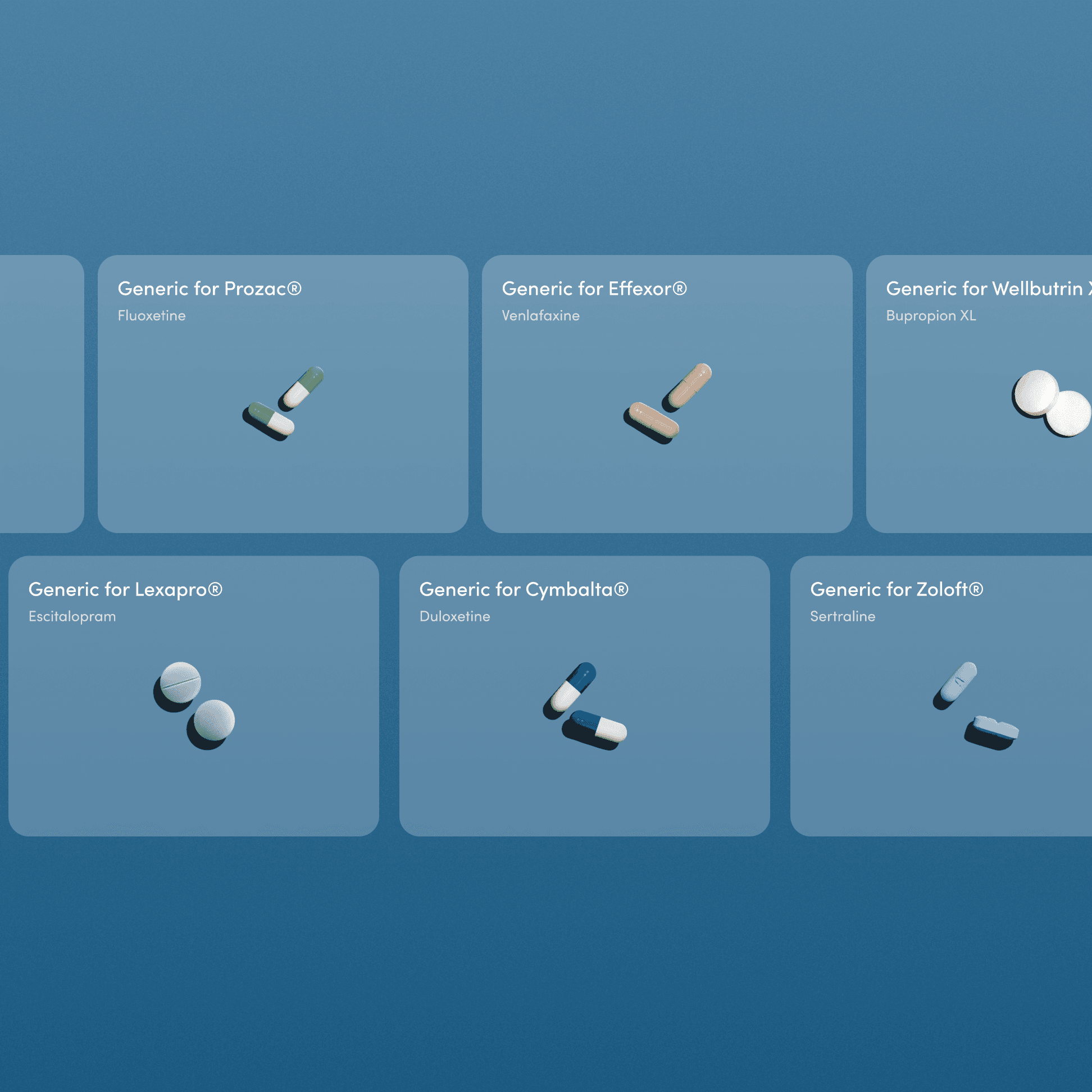 A row of medication cards labeled Generic for Prozac, Effexor, Wellbutrin XL, Lexapro, Cymbalta, and Zoloft