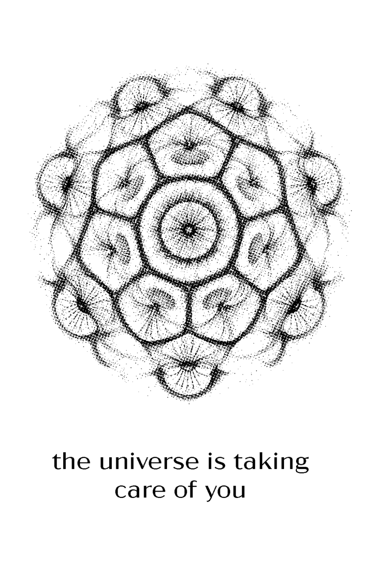 Zine back cover: a radial kaleidoscope mandala pattern with the text "the universe is taking care of you."