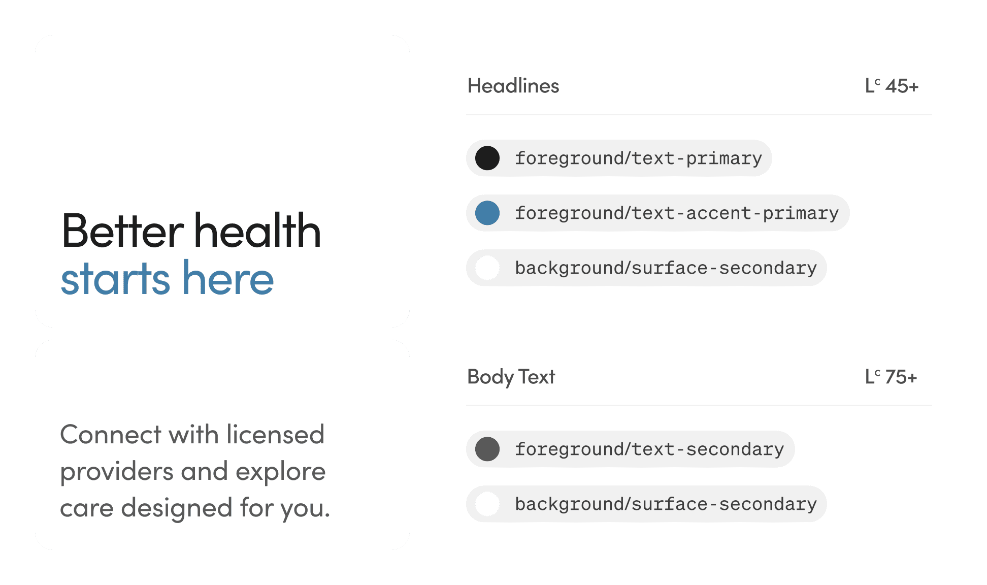 Accessible color pairings for headline and body text, annotated with contrast ratios