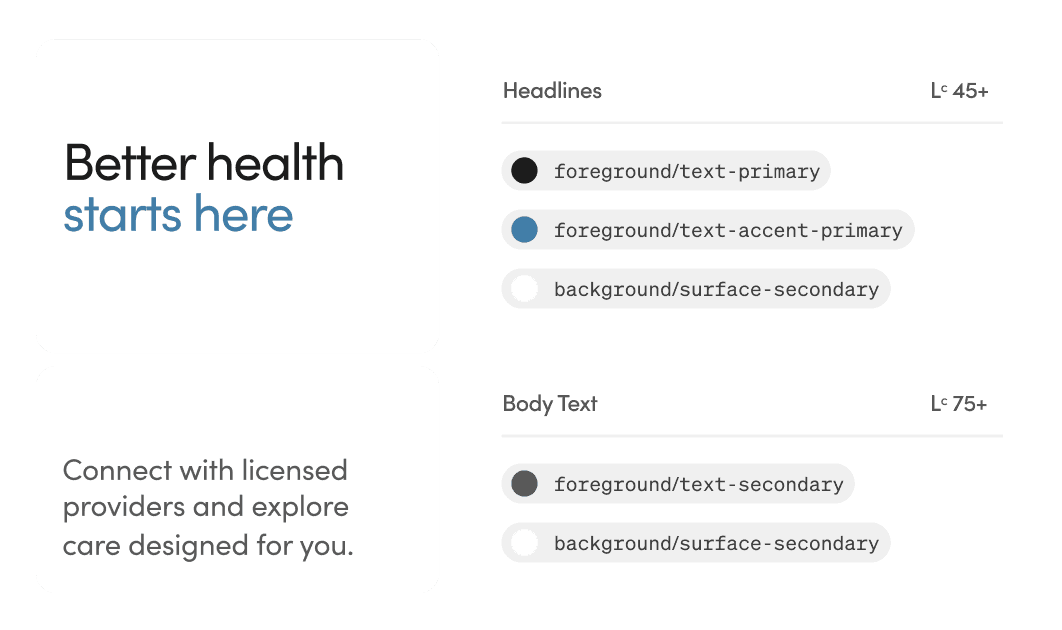 Accessible color pairings for headline and body text, annotated with contrast ratios