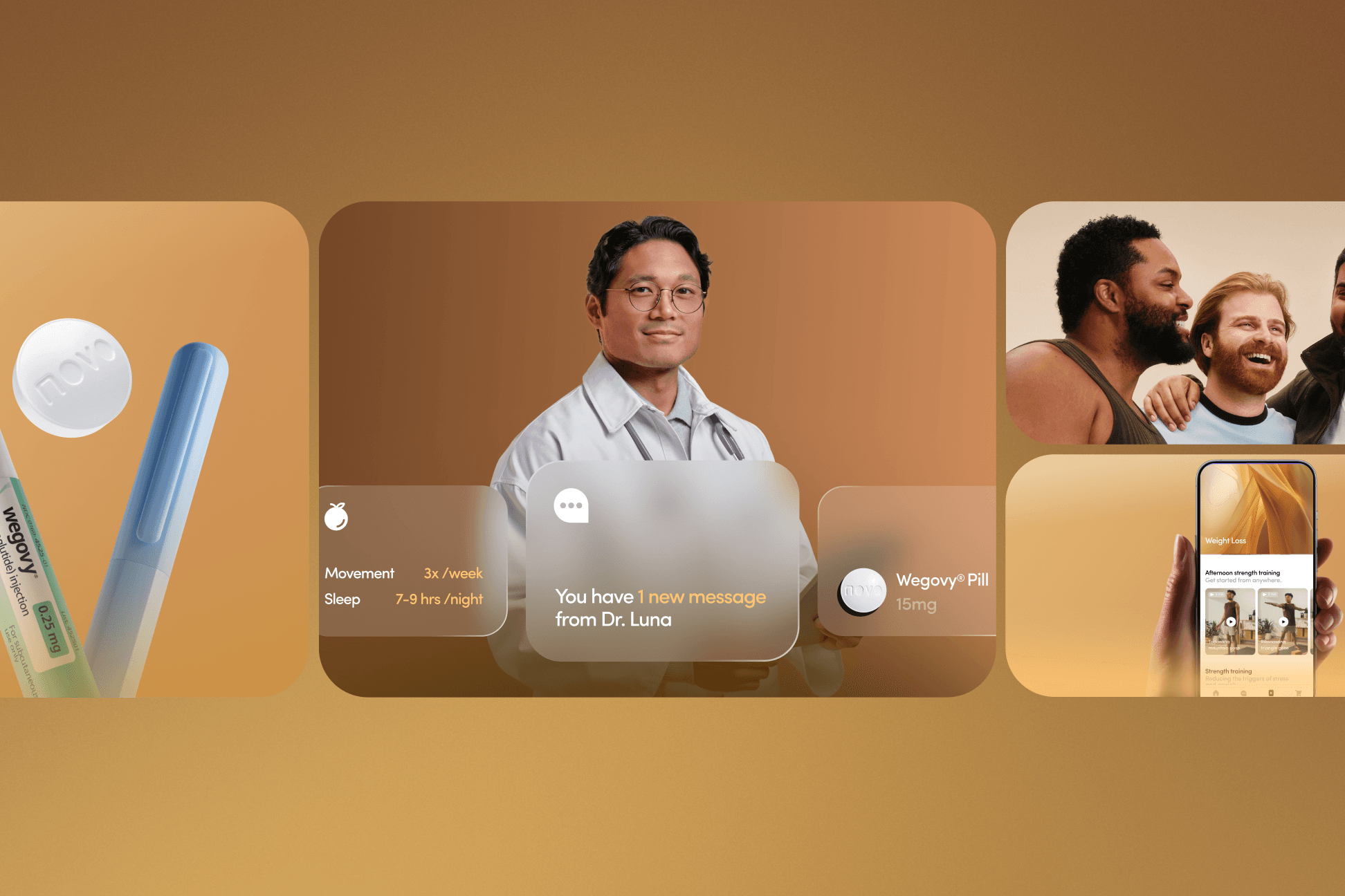 Hims-branded collage: the Wegovy pen and pill, a telehealth message from Dr. Luna, movement and sleep stats, and a workout app screen, in warm gold tones.