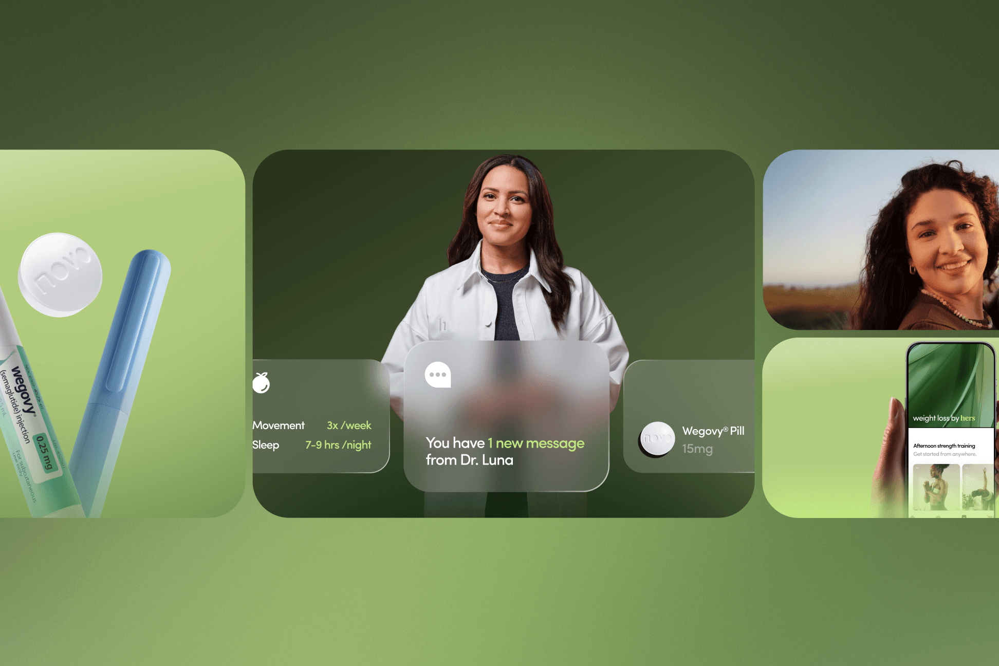 The same collage in Hers branding — the Wegovy pen and pill, a telehealth message from Dr. Luna, lifestyle imagery, and a workout app screen, in green tones.