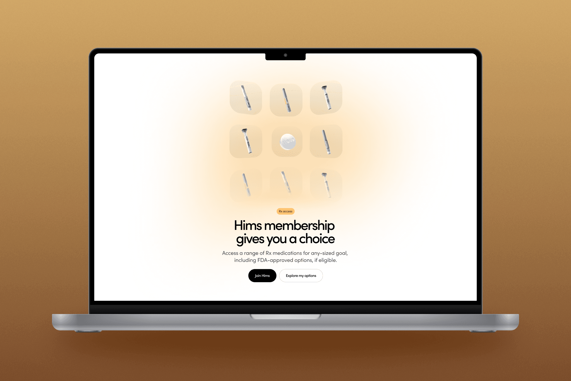Laptop mockup of the Hims membership page: a grid of medication options including the Wegovy pill and pen, in warm gold tones.