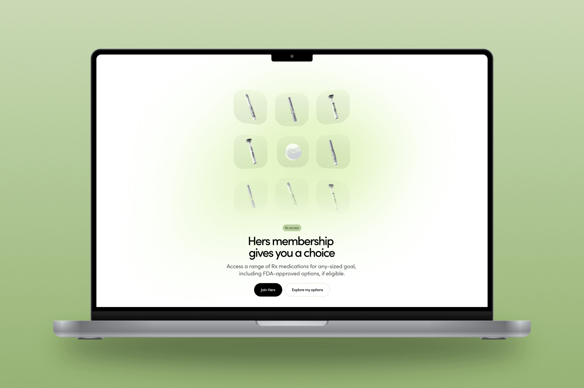 Laptop mockup of the Hers membership page, showing the same medication grid in green tones.