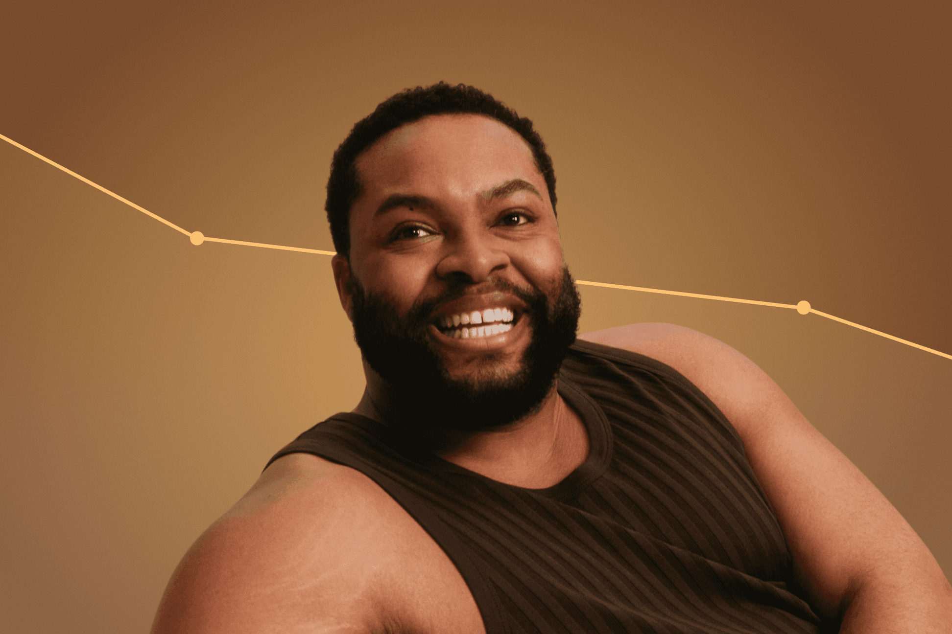 Portrait of a smiling man with a weight-loss progress line graph overlaid, in warm gold Hims tones.