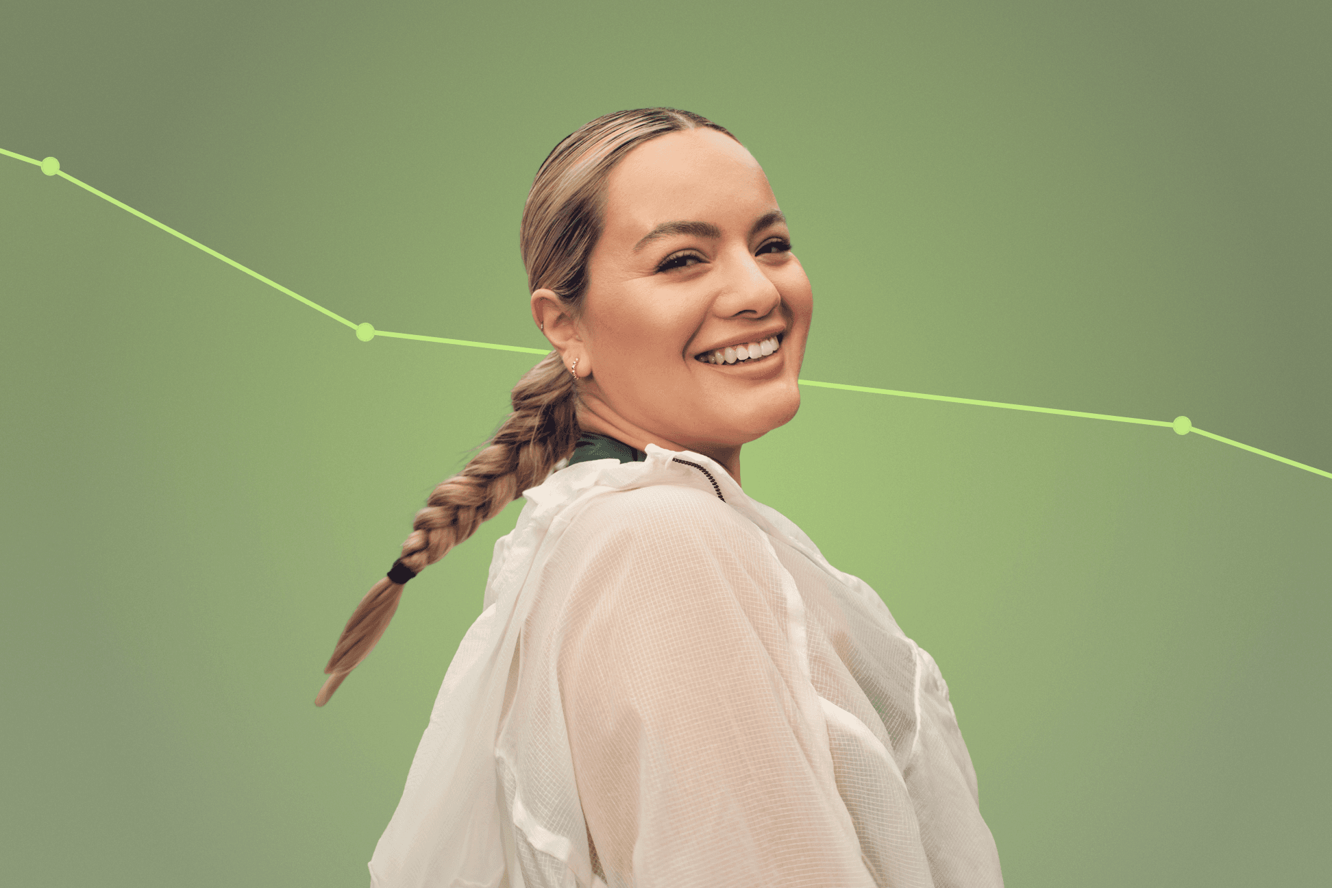 Portrait of a smiling woman with a weight-loss progress line graph overlaid, in green Hers tones.