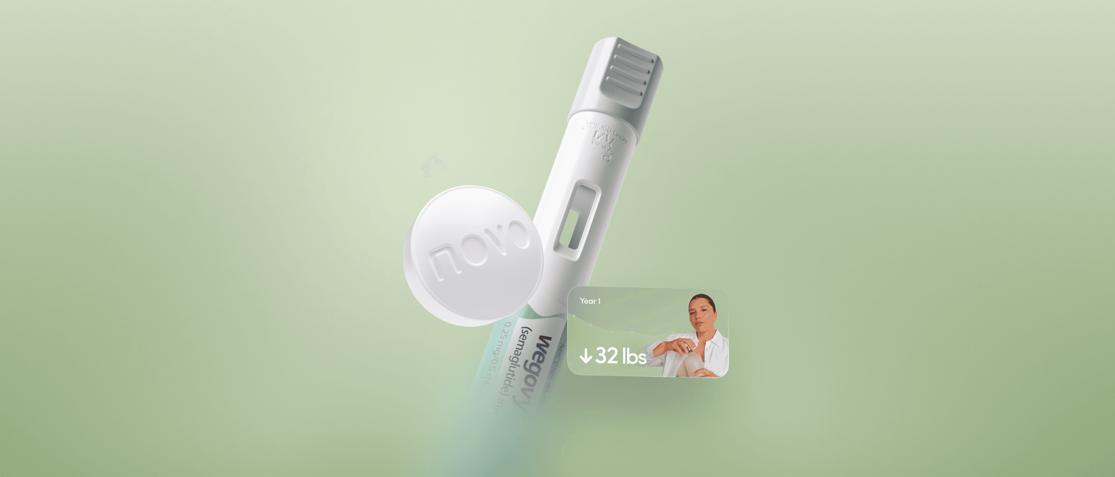 The Wegovy pen and pill beside a card showing a patient's 32 lb Year 1 result