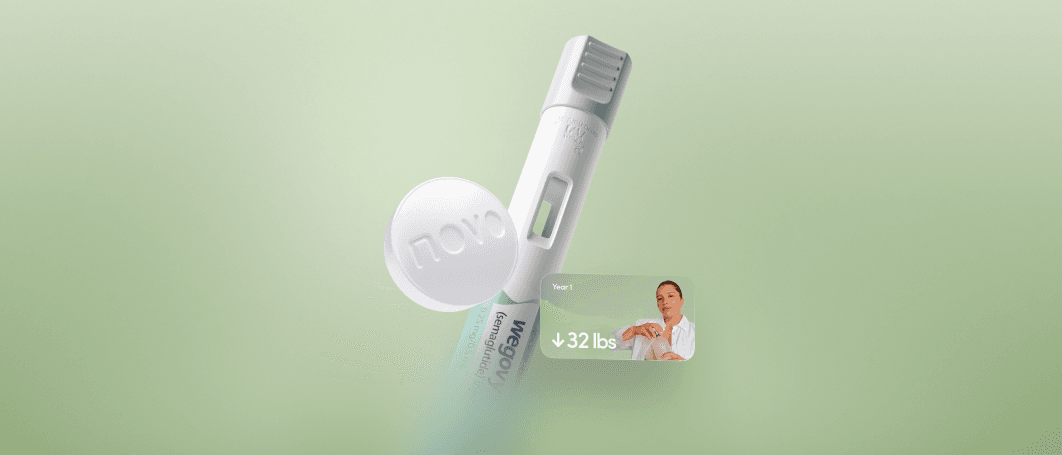 The Wegovy pen and pill beside a card showing a patient's 32 lb Year 1 result