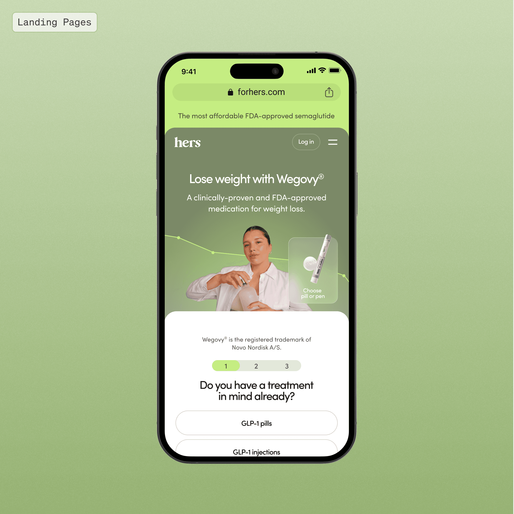iPhone mockup labeled Landing Pages: a Hers ad-driven quiz landing page for Wegovy, asking whether you have a treatment in mind already.