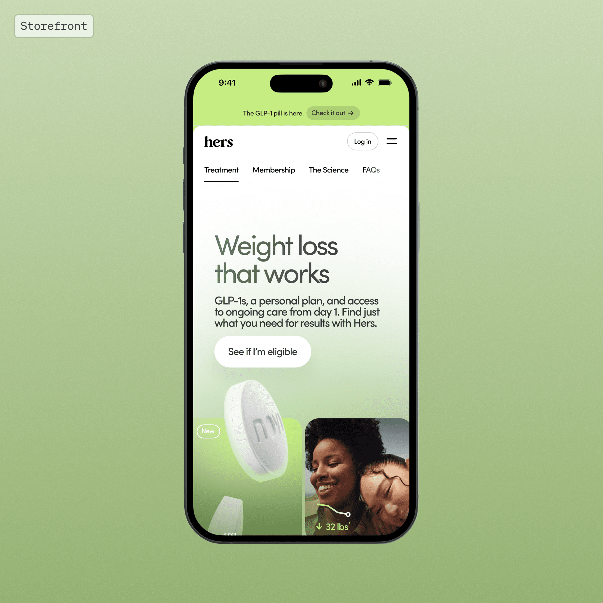 iPhone mockup labeled Storefront: the Hers storefront homepage, Weight loss that works, with primary navigation and a 32 lb result callout.
