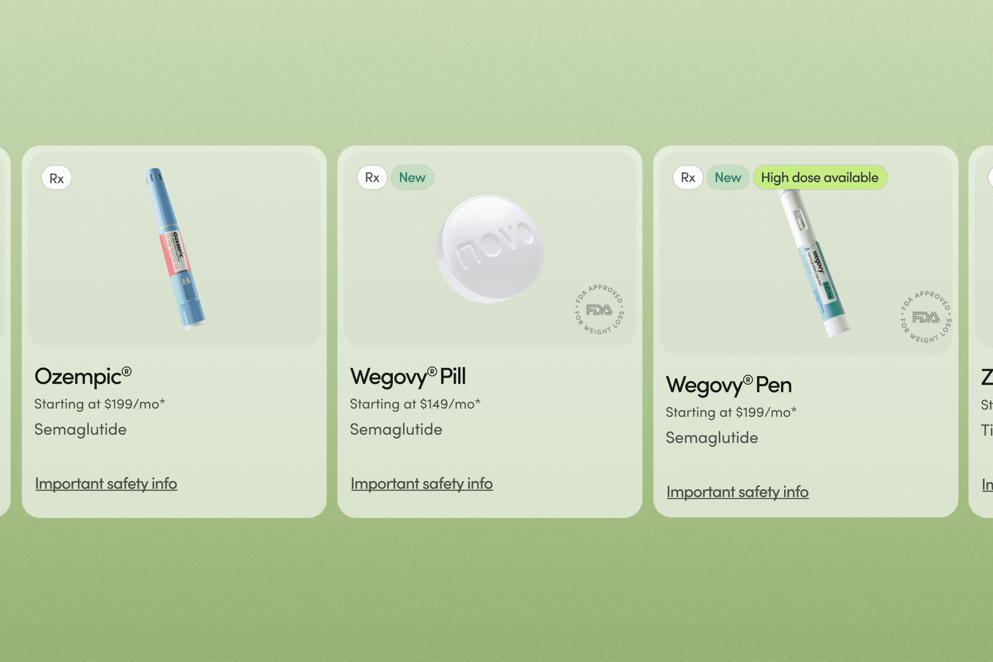 Comparison cards for Ozempic, Wegovy Pill, and Wegovy Pen, each showing a starting price and an Important Safety Info link.