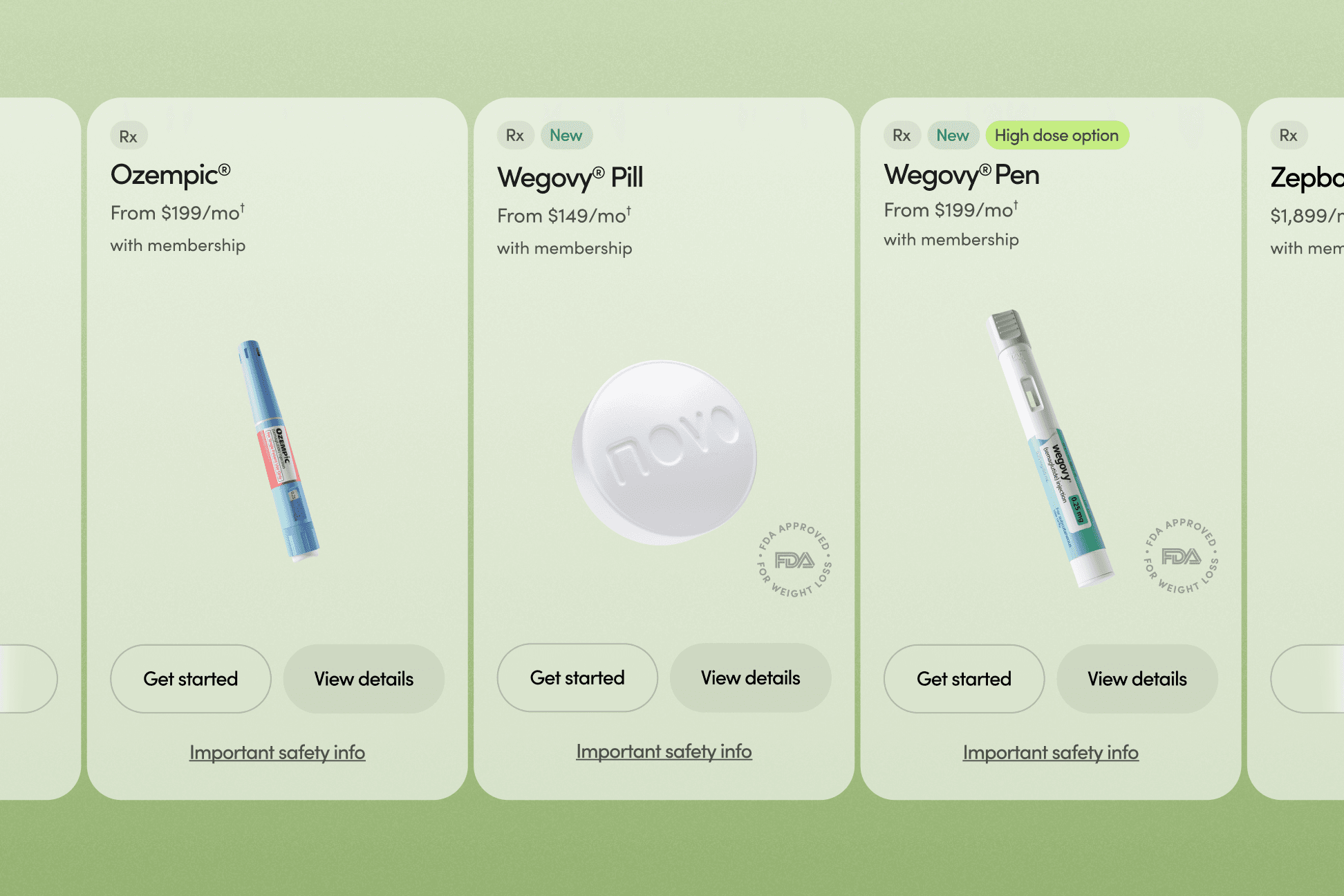 Comparison cards for Ozempic, Wegovy Pill, Wegovy Pen, and Zepbound, each with Get Started and View Details actions.