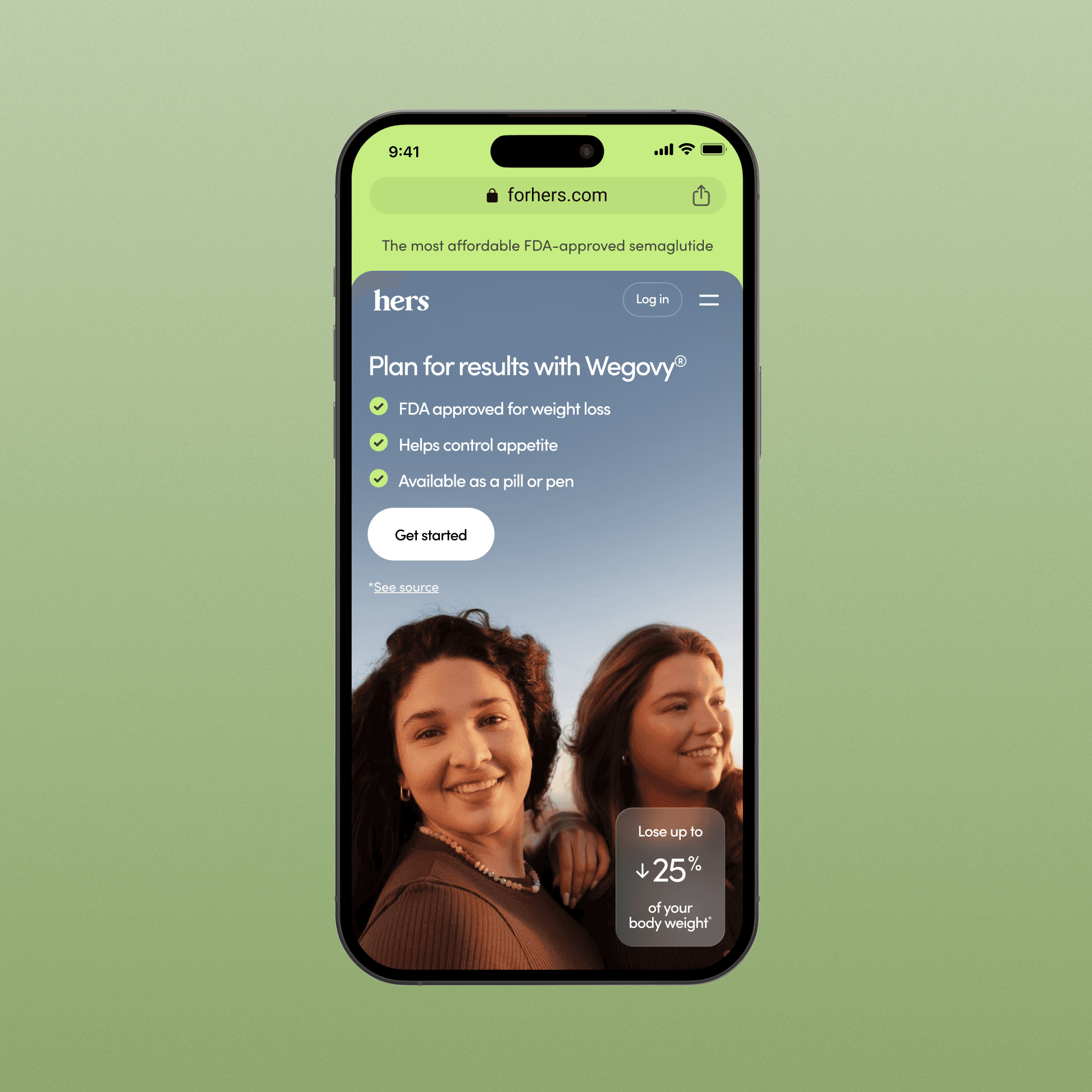 iPhone mockup of a Wegovy benefits landing page, Plan for results with Wegovy, with a photo of two women and a 25% body-weight-loss callout.