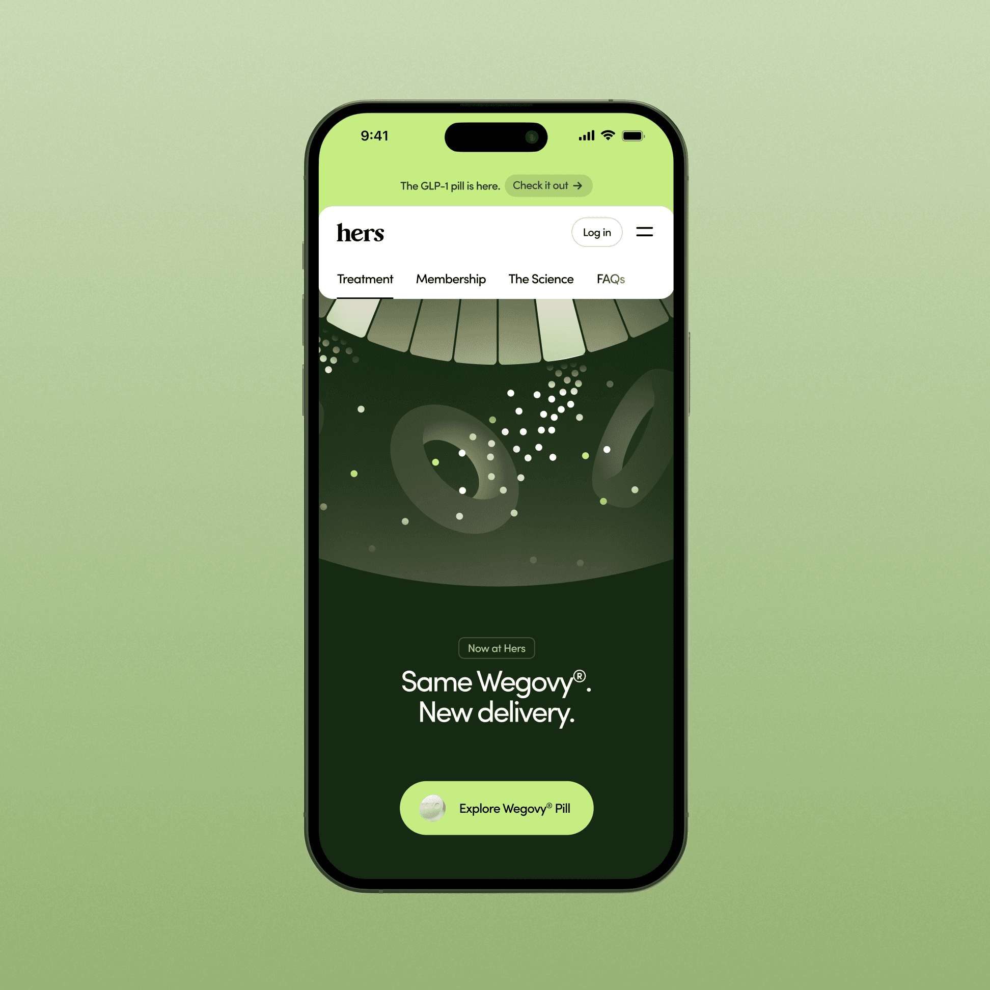 iPhone mockup announcing the new Wegovy pill, Same Wegovy, New delivery, on the Hers site.